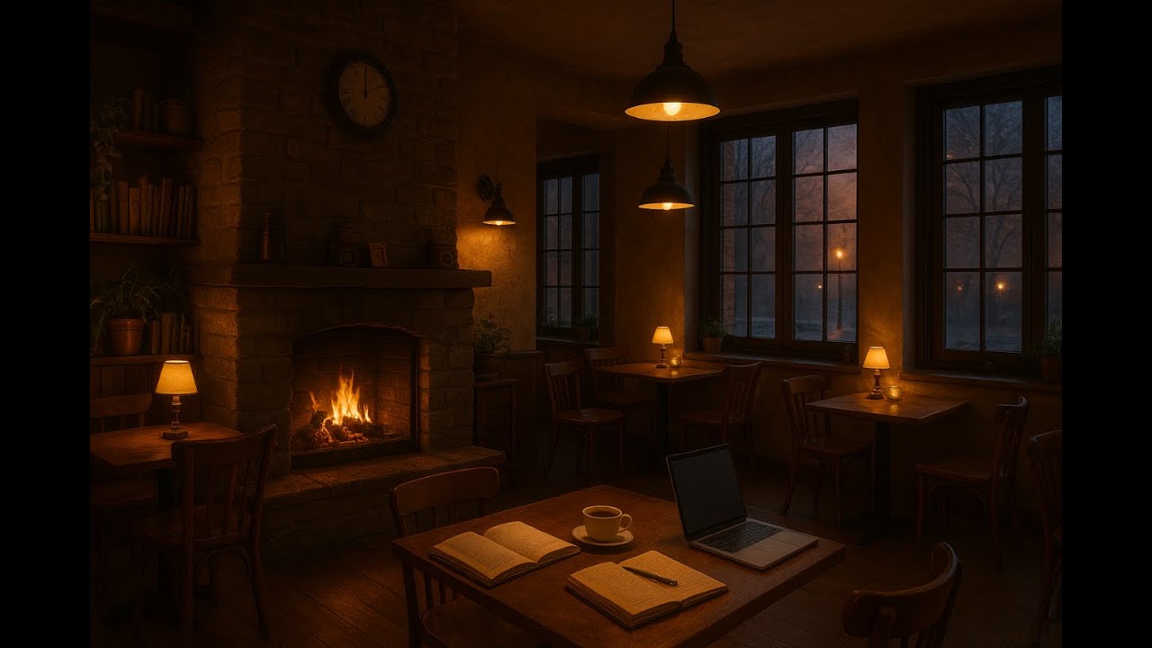 Cozy Fireplace🔥 Study Session with Jazz Music ☕| Relaxing Cafe Ambience