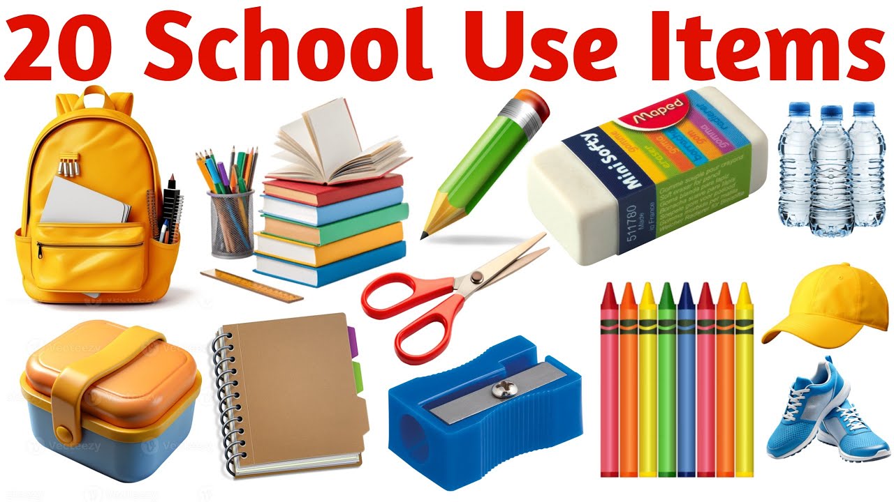बच्चों के लिए स्कूल आइटम्स | Learn 20 School Use Items Names in English Easy Learning Video