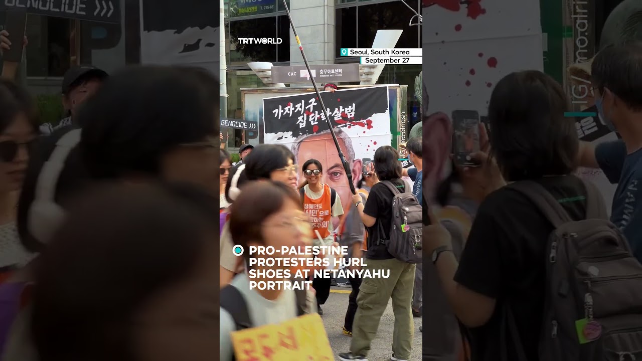 Pro-Palestine protesters hurl shoes at Netanyahu portrait in Seoul