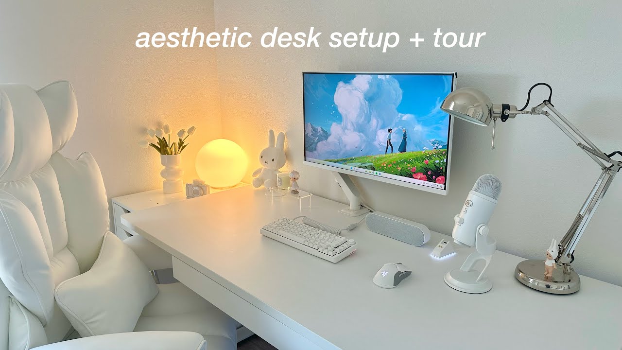 aesthetic and minimalistic desk setup + tour | 2024, white 🎧 | ft. Vernal standing desk