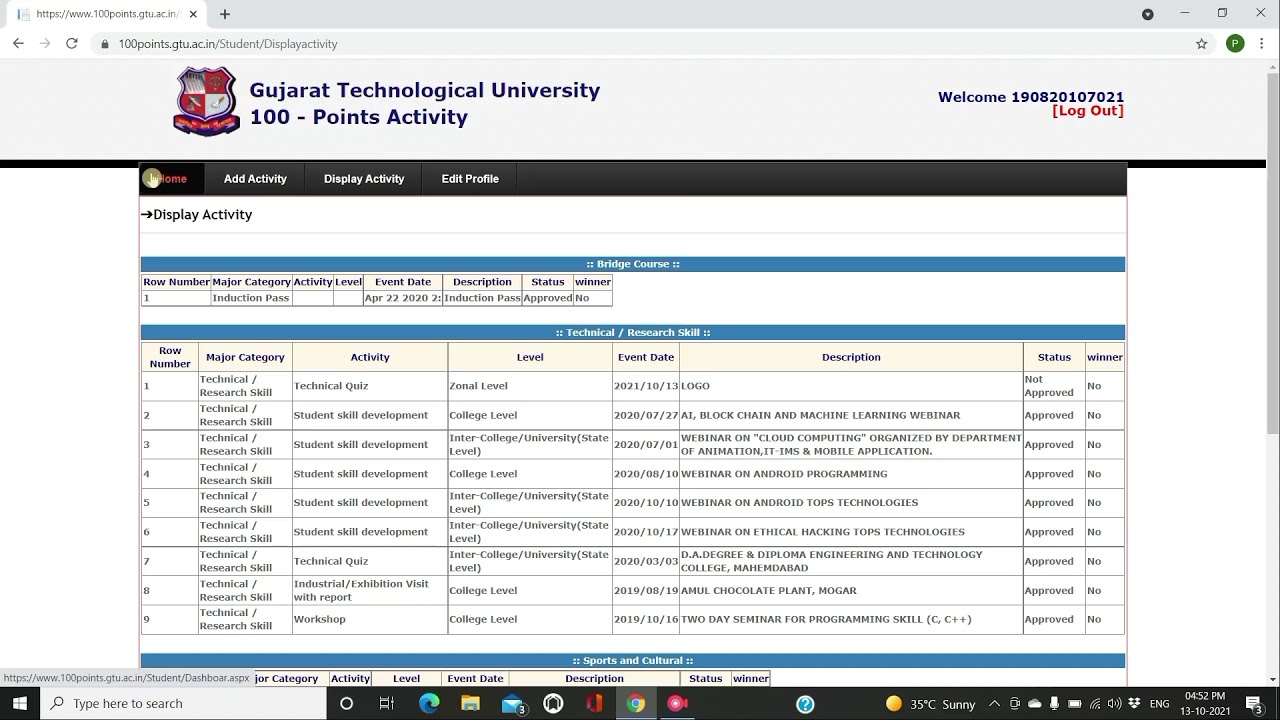 Registration in GTU 100 portal | How to add activities in 100 Points Portal | Full details