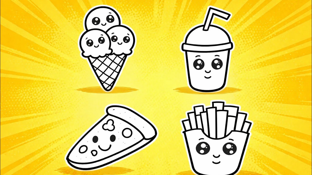 Easy Cute Food Drawing for Kids | Ice Cream, Juice, Pizza & Fries