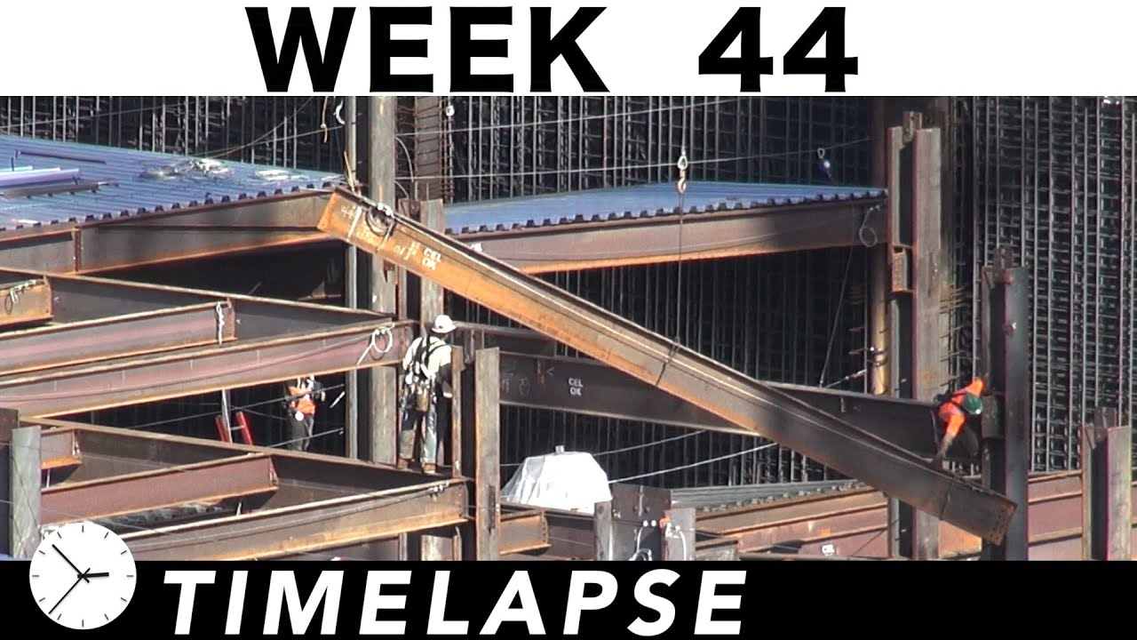 One-week construction time-lapse with 31 closeups: Ⓗ Week 44: Structural steel; crane; rebar; more