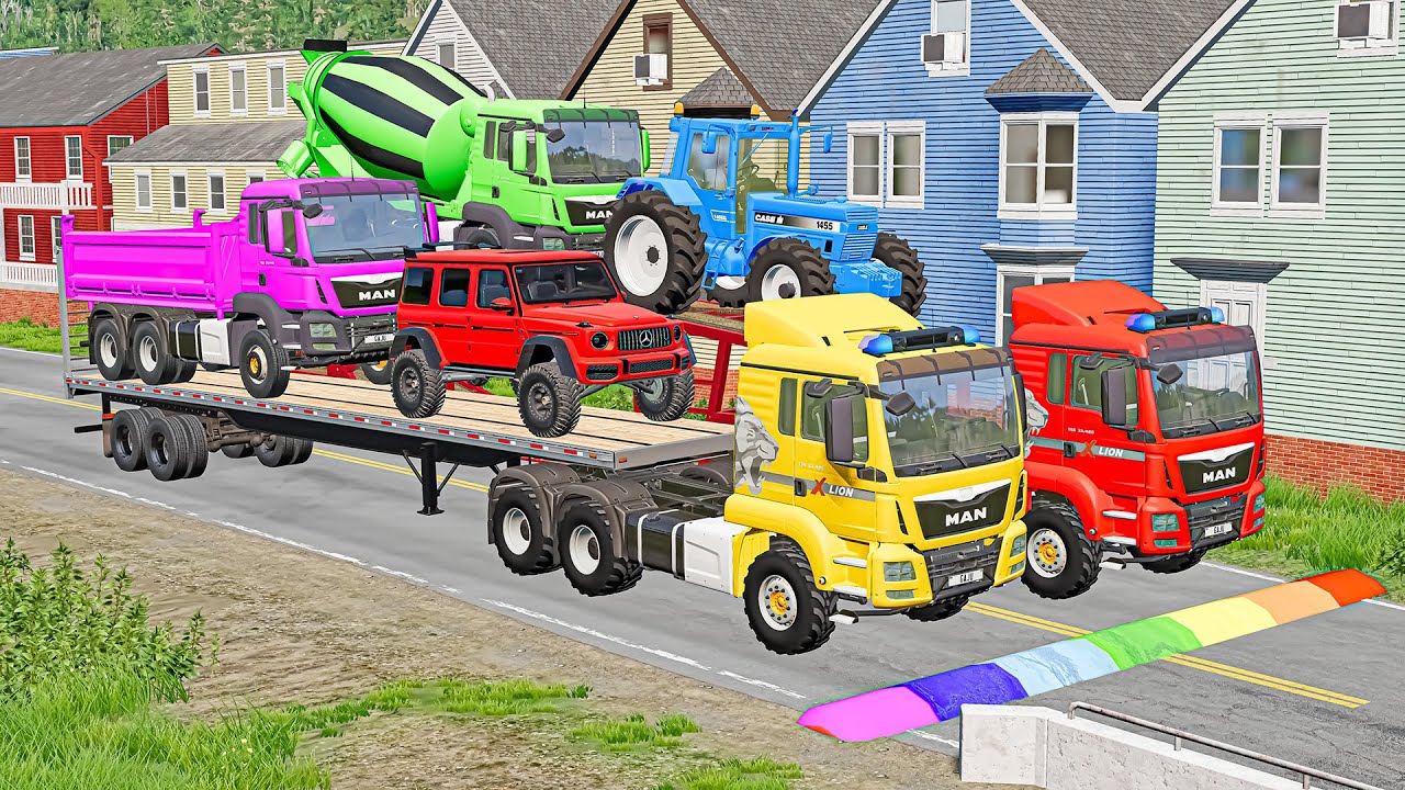 TRANSPORTING PIXAR CARS & FRUITS WITH COLORED & JOHN DEERE vs CLAAS vs TRACTORS - BeamNG.drive 