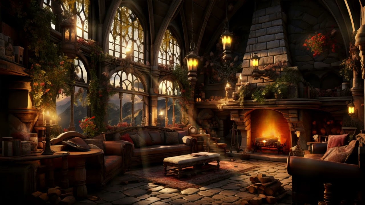 📖 Medieval Library Ambience 4K 4 HOURS | Cozy Fireplace, Flickering Candles & Relaxing Study Sounds