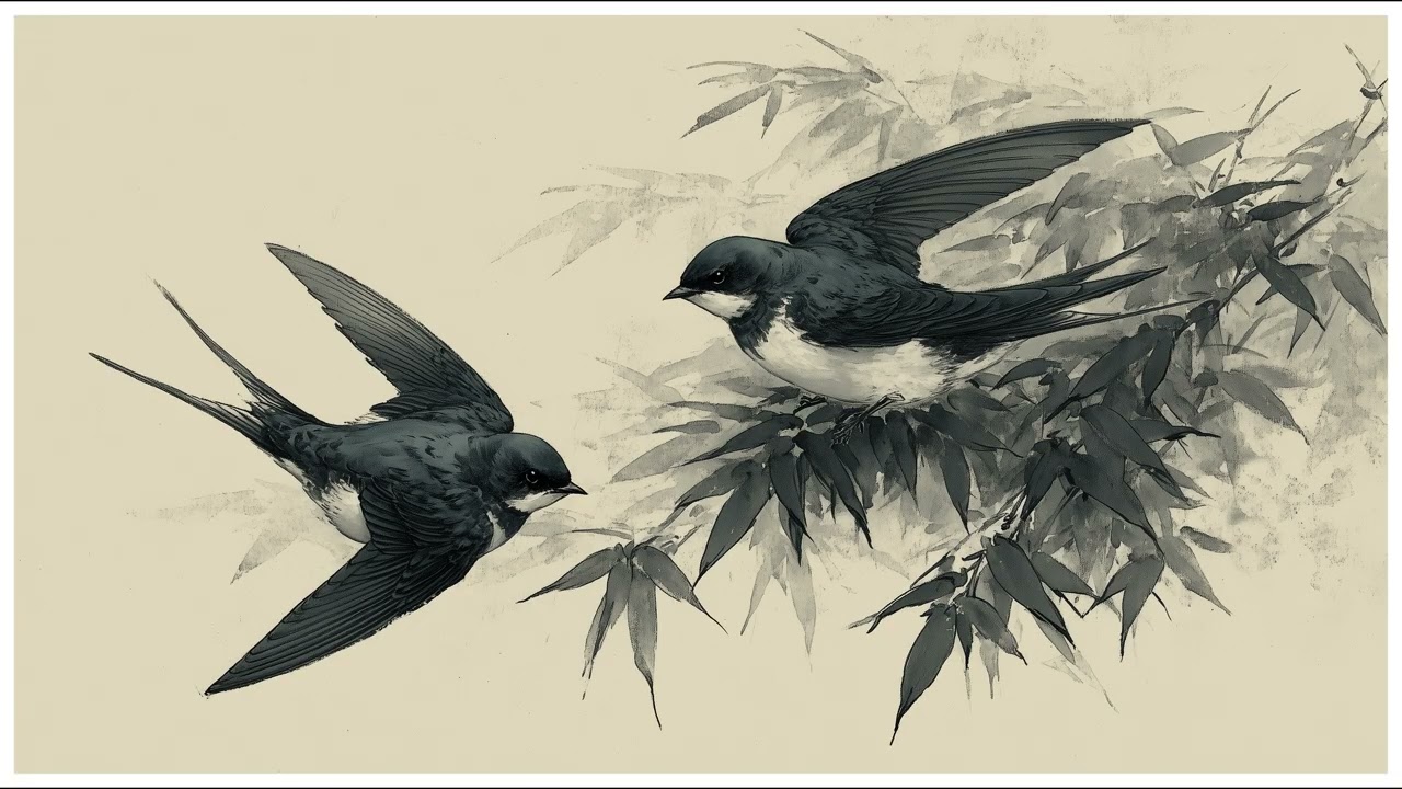 Ink Painting of Swallows In Quiet Harmony | Elegant Minimal Bird Art | Still Art Screen Saver | 4K