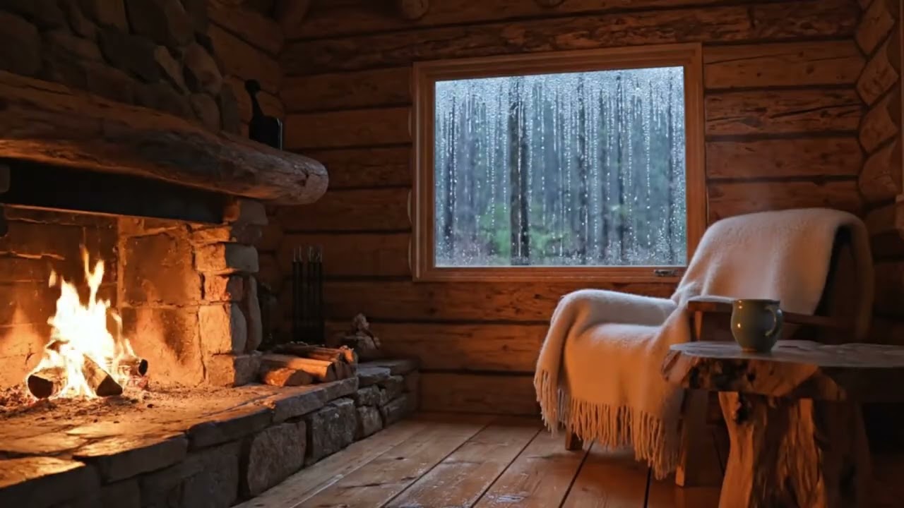 Cozy Cabin Fireplace Ambience 🔥 Rain on Window Sounds for Sleep & Relaxation