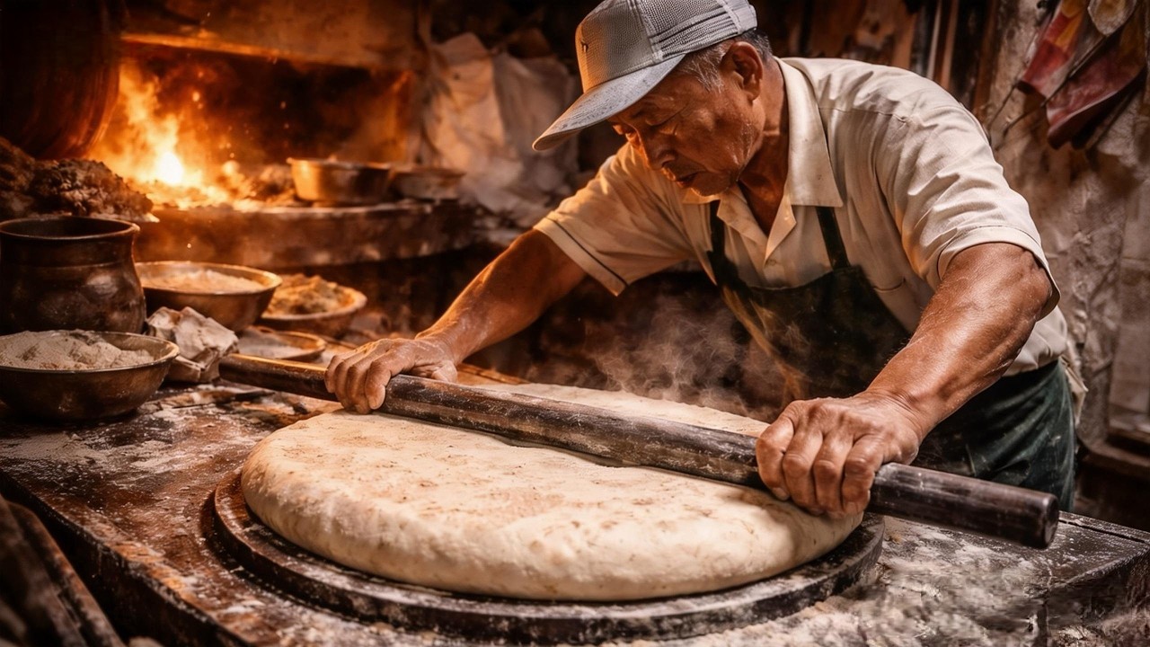 Making a Half-Meter Giant Chinese Flatbread Using Iron Bars & Steel Balls | Rural Street Food