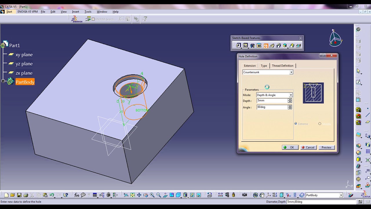 How to use Hole command in CATIA V5 ?