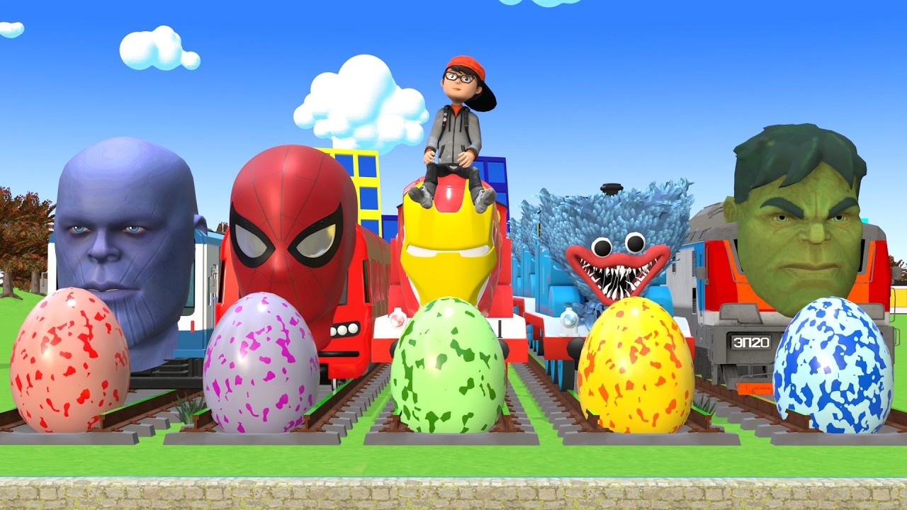 踏切アニメ スーパーヒーロー電車 TRAIN 🚦 Spider-Man Thanos Hulk Iron Man Fumikiri 3D Railroad Crossing #train #81