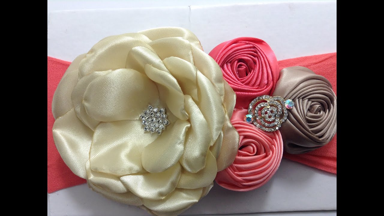 Tiara con flor torbellino y flor grande de tela de razo VIDEO No. 352