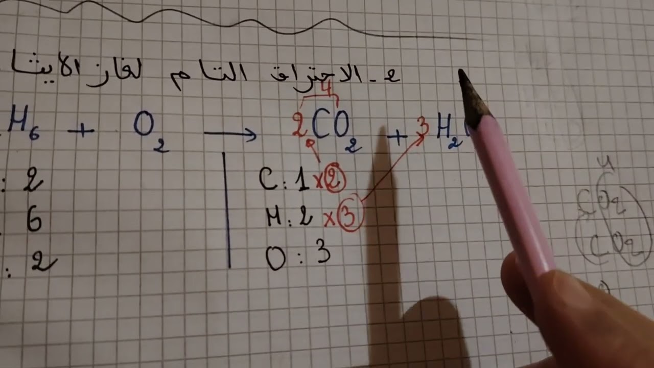 موازنة معادلة الاحتراق التام لغاز الايثان