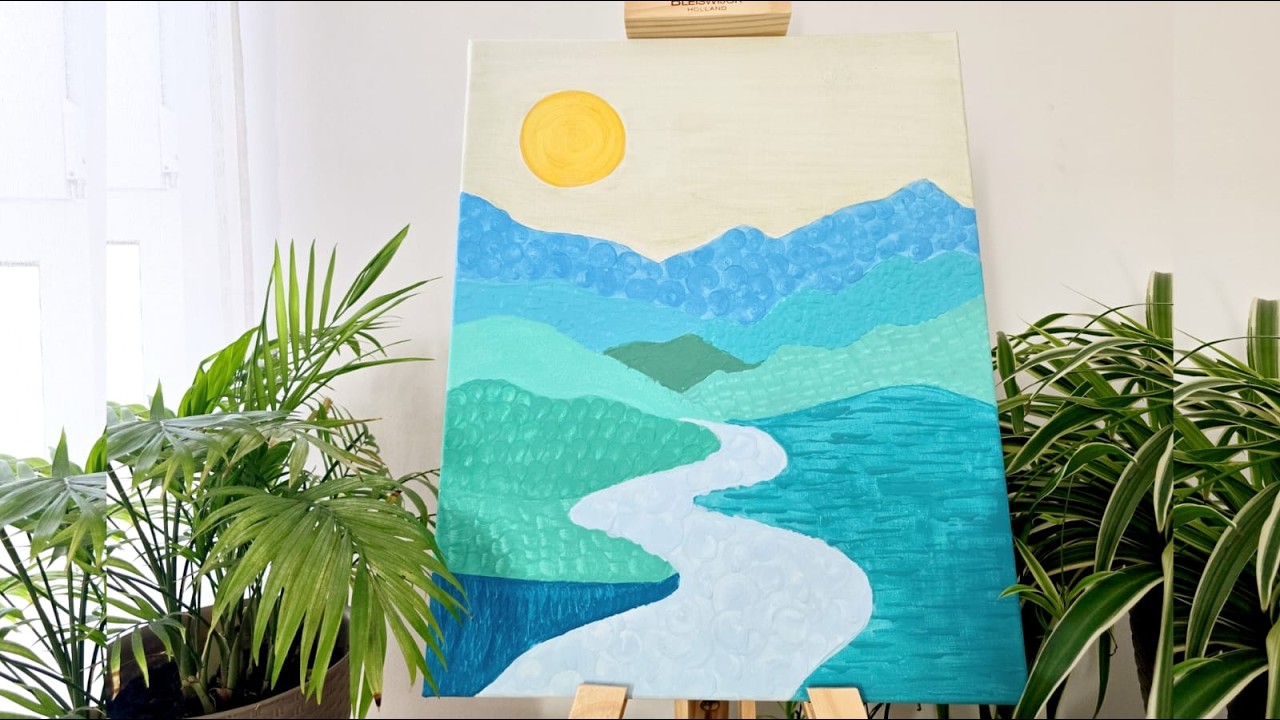 Textured Landscape Canvas Painting | Soft Blue-Green Textured Landscape Painting | Acrylic Tutorial