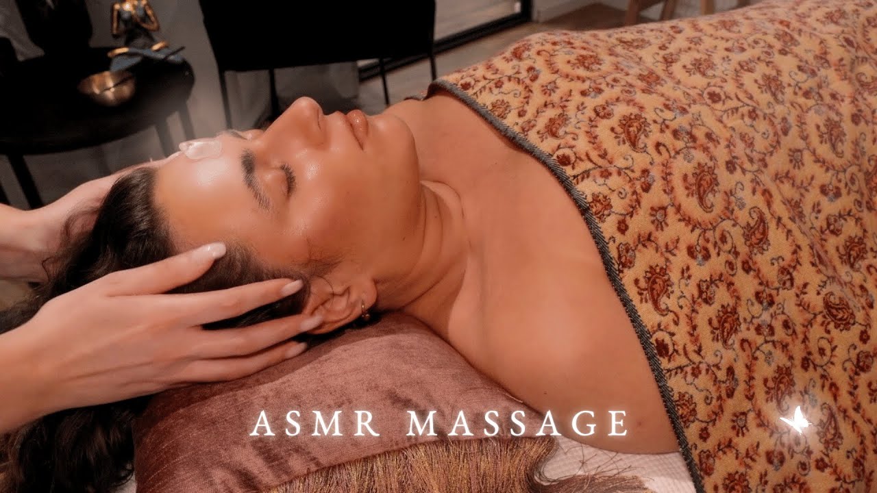 ASMR whispered 😴 soft touch massage (slow face tracing, hair pulling, crystal, oil) w/music