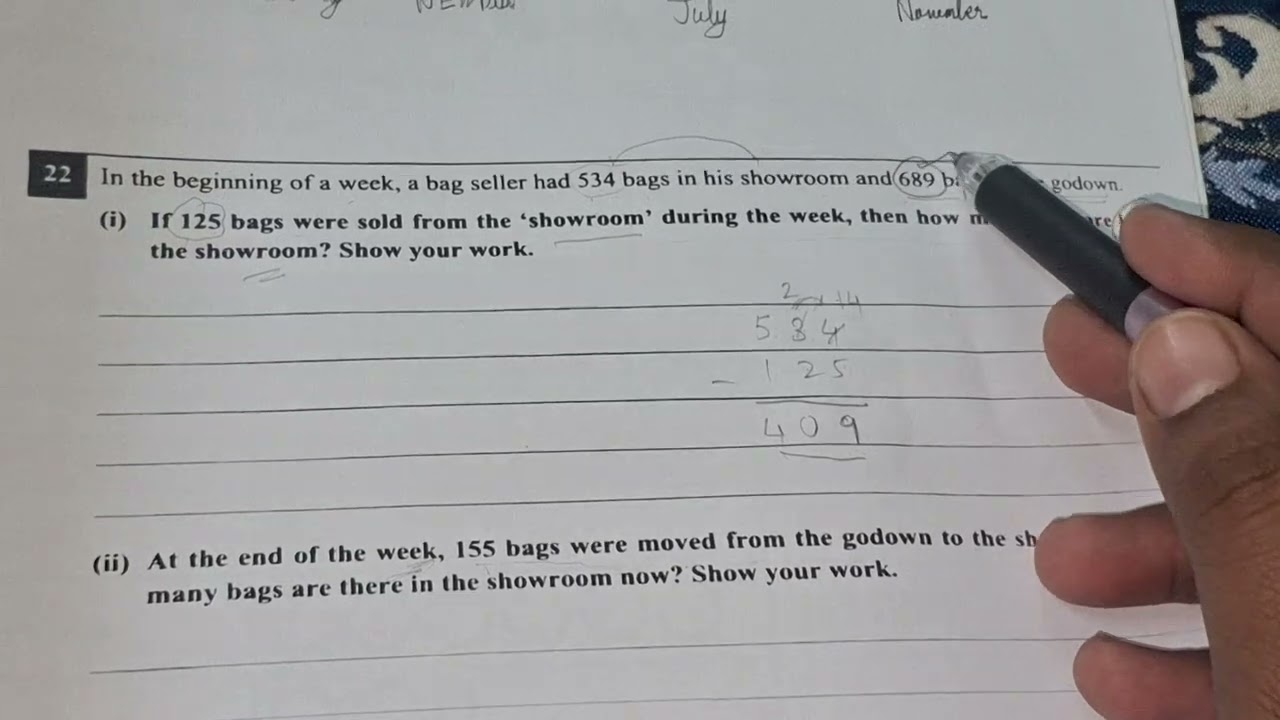 In the beginning of a week, a bag seller had 534 bags in his showroom and 689 bags in the godown