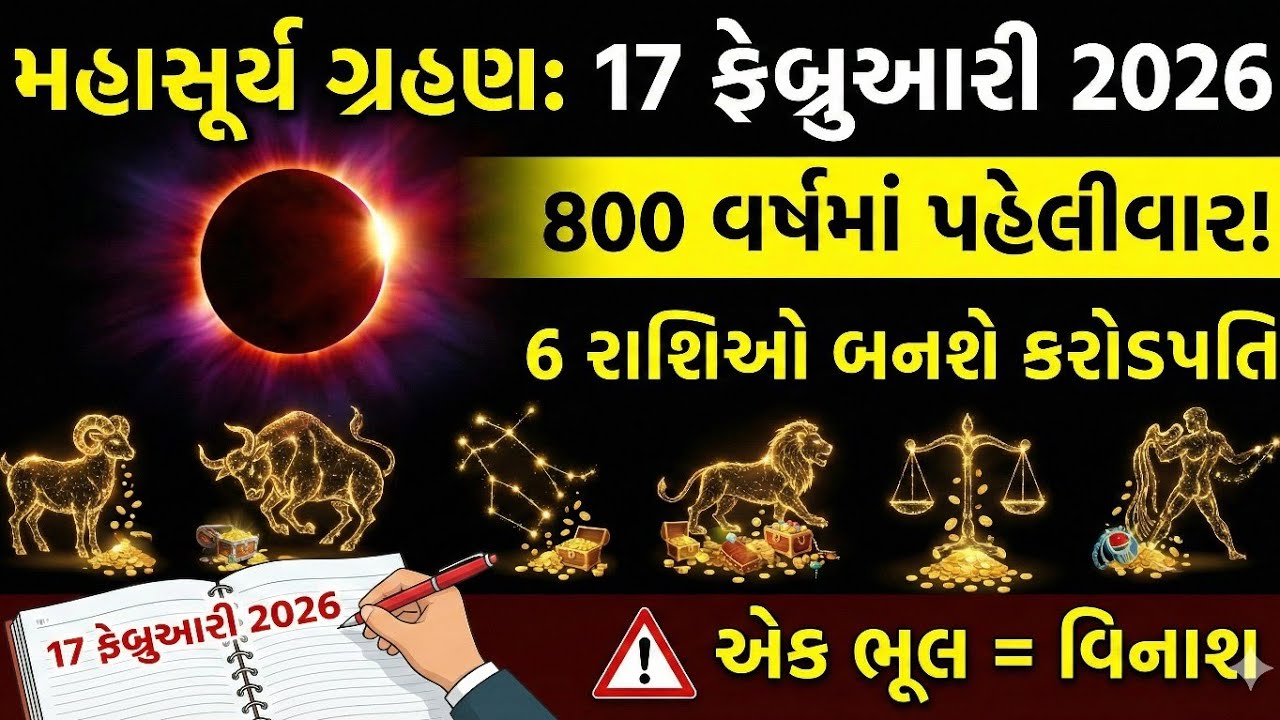 🛑 17 ફેબ્રુઆરી 2026: ભયંકર સૂર્યગ્રહણ! 😱 800 વર્ષ પછી આ 6 રાશિઓ બનશે અબજોપતિ 💰 પણ એક ભૂલ = વિનાશ ⚠️