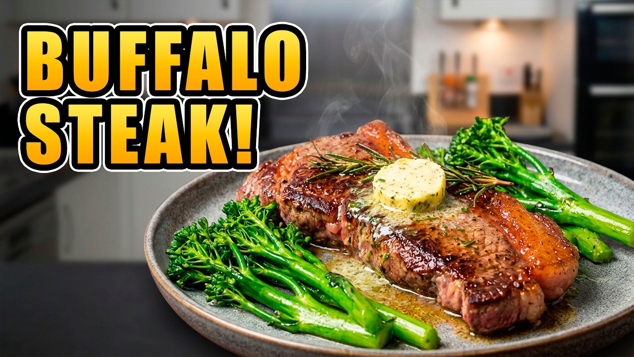 Pan Seared Buffalo Steak with Tenderstem Broccoli