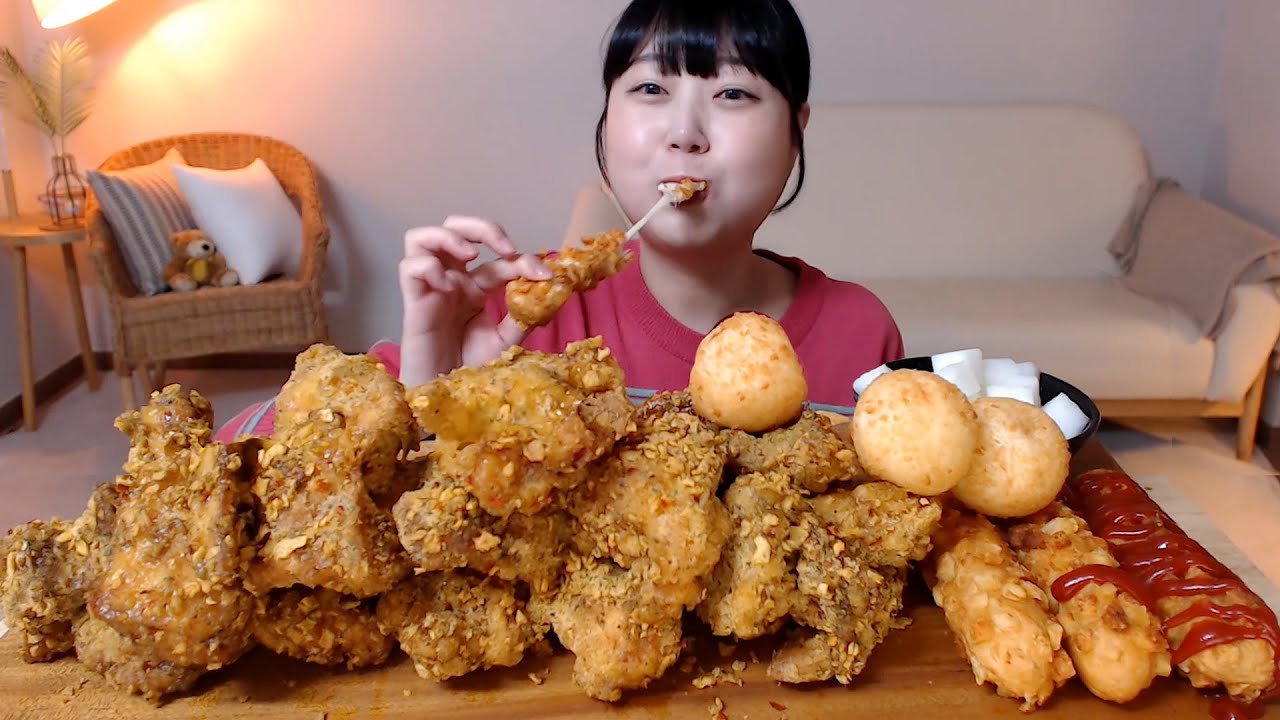 [60계치킨] 매콤달콤 바삭한 호랑이치킨 포테이토 치즈스틱 치즈볼 먹방 Chicken Cheese balls Cheese stick Mukbang Eatingsound
