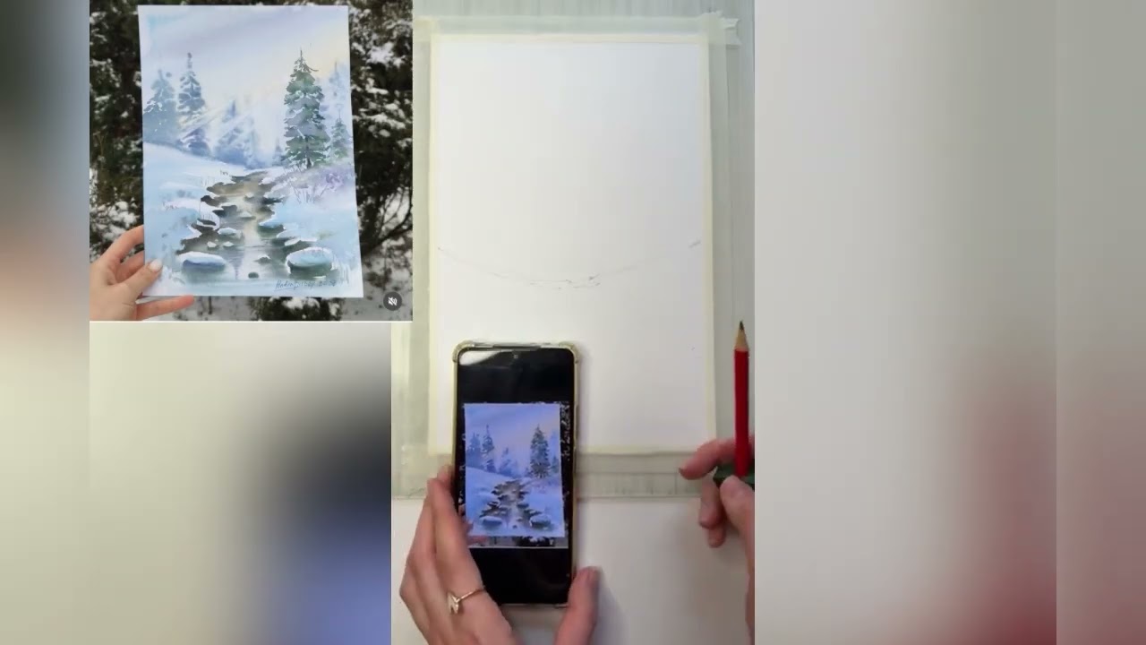 Зимовий пейзаж аквареллю 