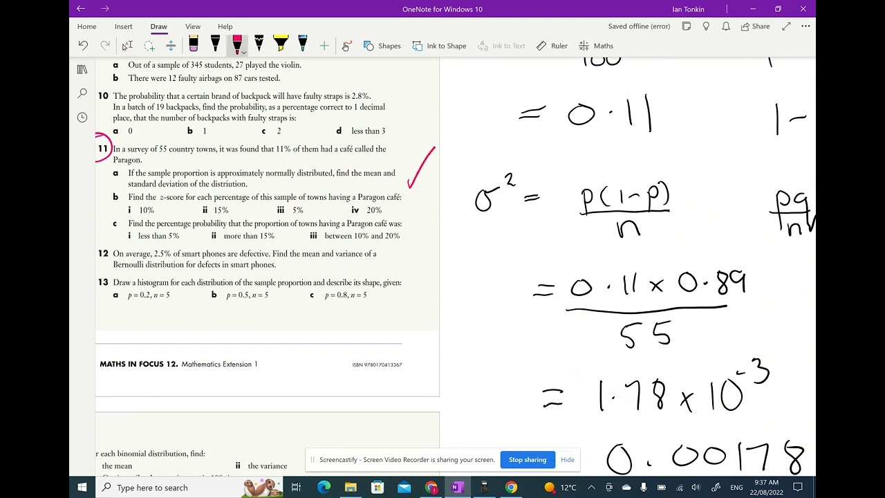 Year 12 Extension 1 Sample populations Binomial Test yourself 15 Q11