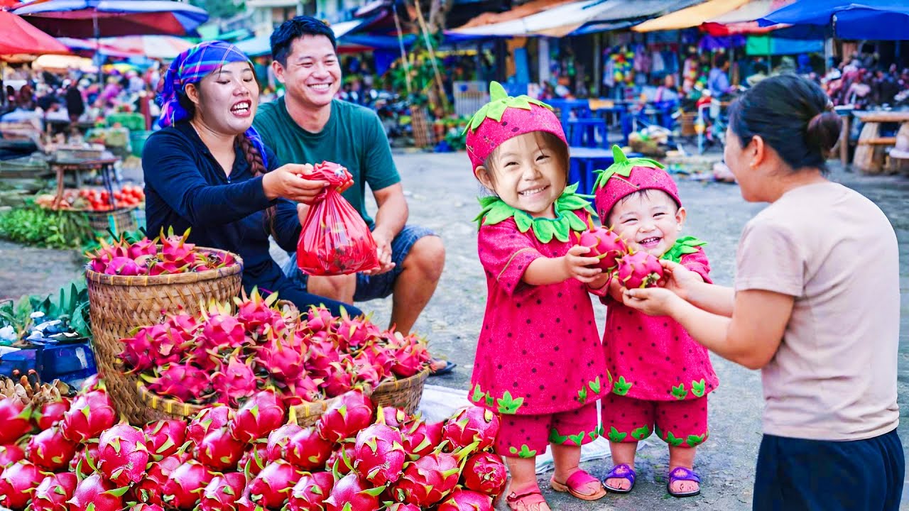 Harvesting dragon fruit and bananas, making banana cakes, catching giant fish to sell at the market