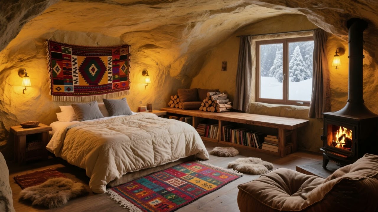 A warm winter shelter | Listen to the sounds of wind, snow, and burning wood | Relax and fall asleep
