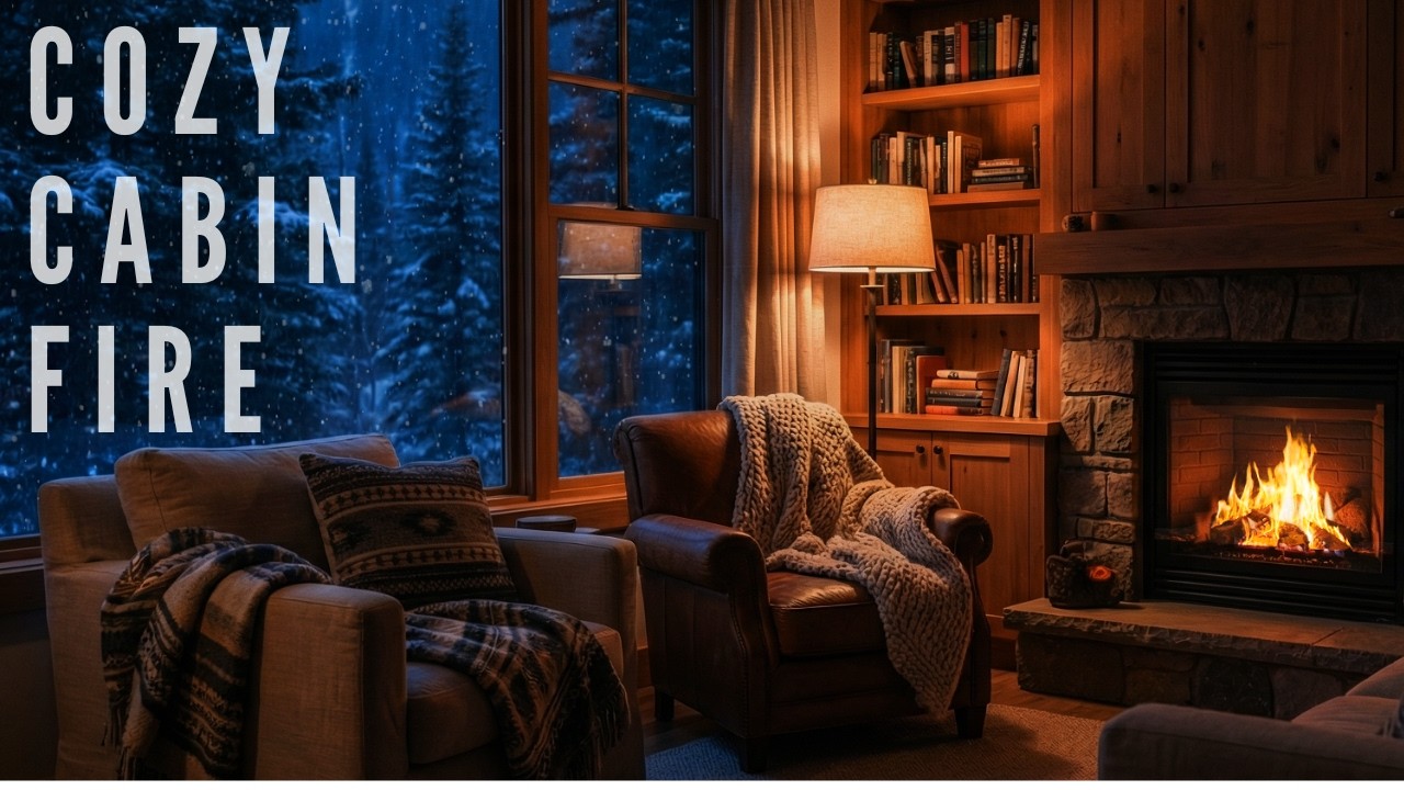 Cozy Cabin by the Fireplace ❄️ Snowy Window Night | Gentle Piano