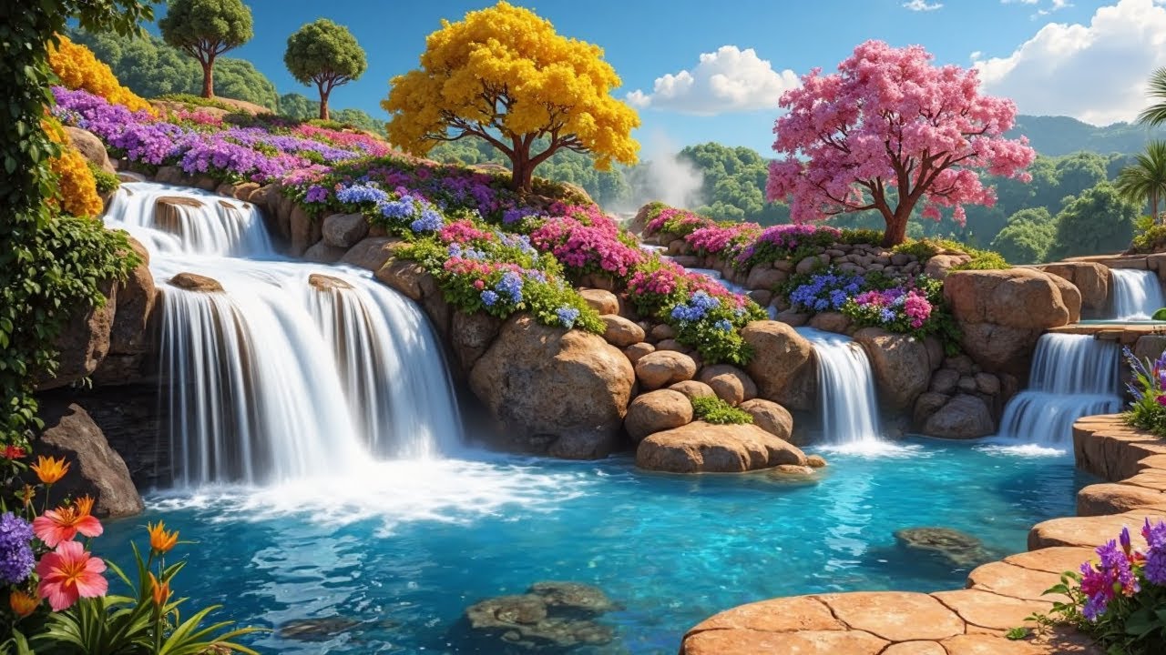 🌺 Enchanted Garden Waterfalls | Relaxing Fantasy Nature Scenery in 4K