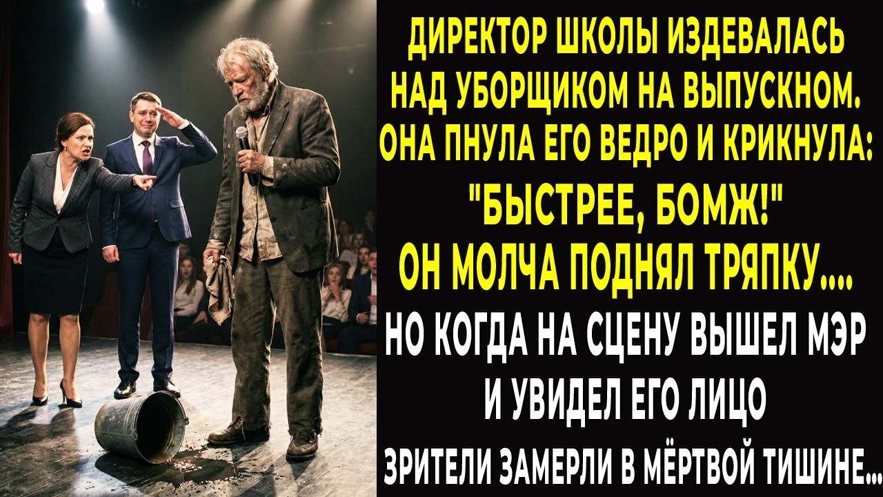Директор школы заставила бездомного мыть полы на выпускном. Он взял микрофон и 200 человек встали…