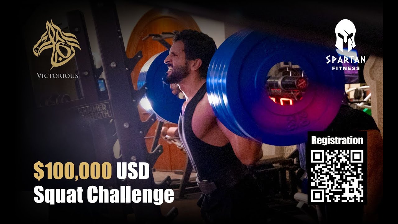 HH sheikh Nasser completing the 100,000 USD Squat challenge