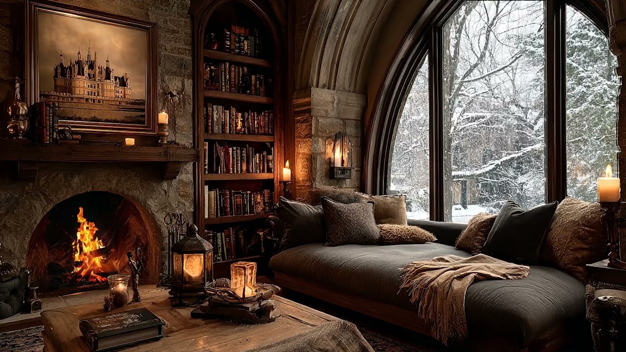 Winter Piano Room | Cozy Bedroom Piano Music with Warm Lights While Snow and Cold Wind Outside