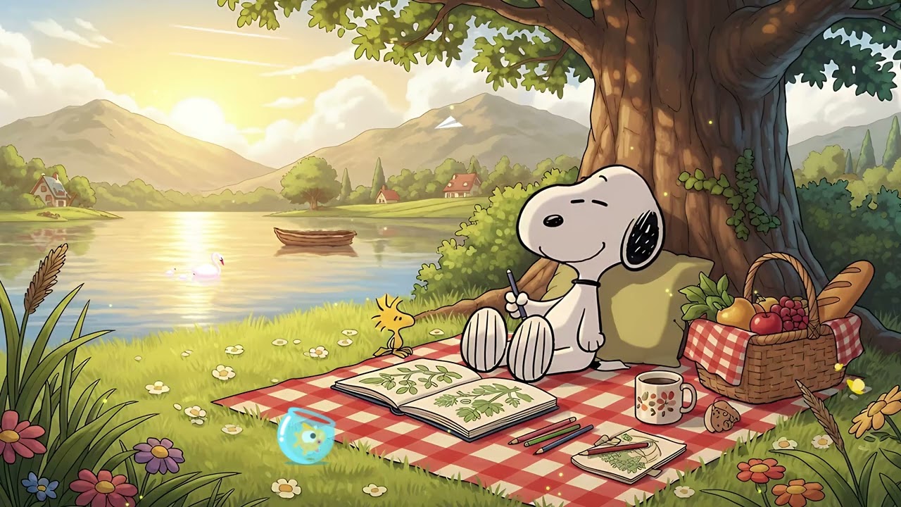 Snoopy & Woodstock Picnic by the Lake 🧺 Relaxing Lofi Beats for Studying 🌅 Peaceful Evening Vibes