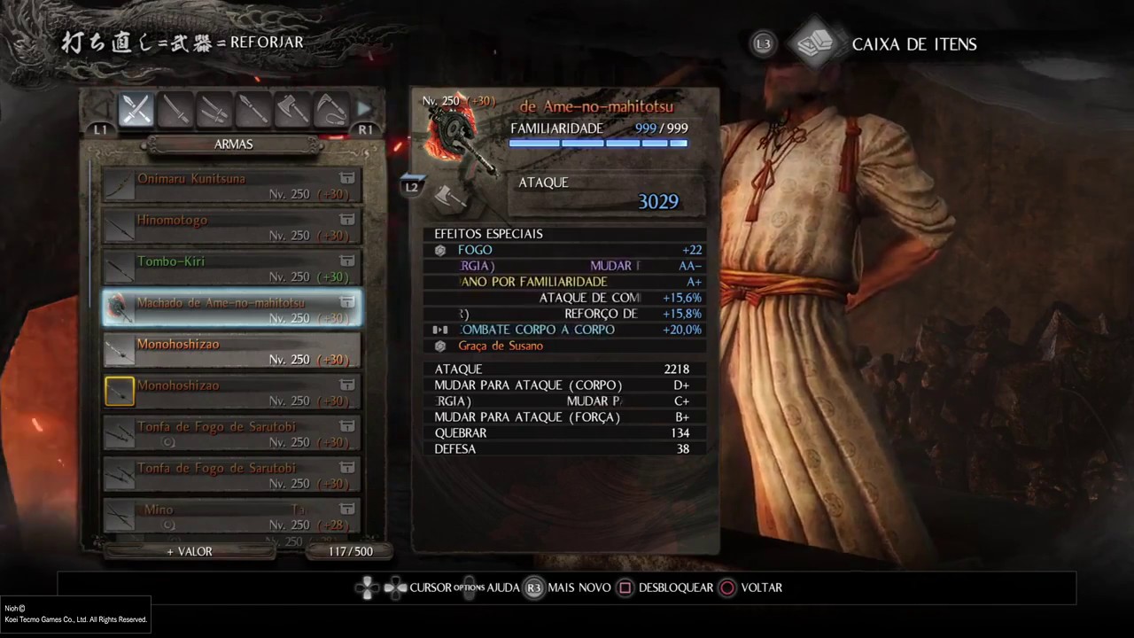 Nioh - Como conseguir Mudar Ataque AA- e Familiaridade A+ na reforja