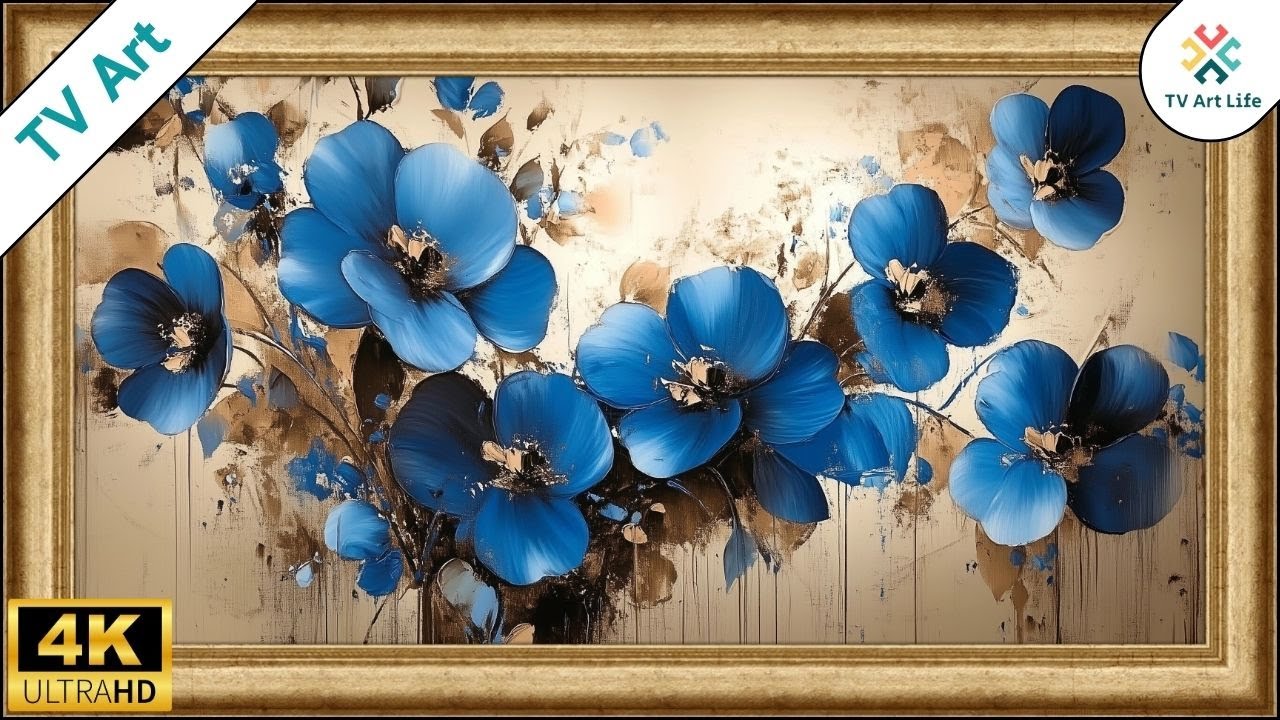 Vintage Blue Flowers Painting Art for TV | Gold Frame TV Art | Screensaver for TV | 10 hours