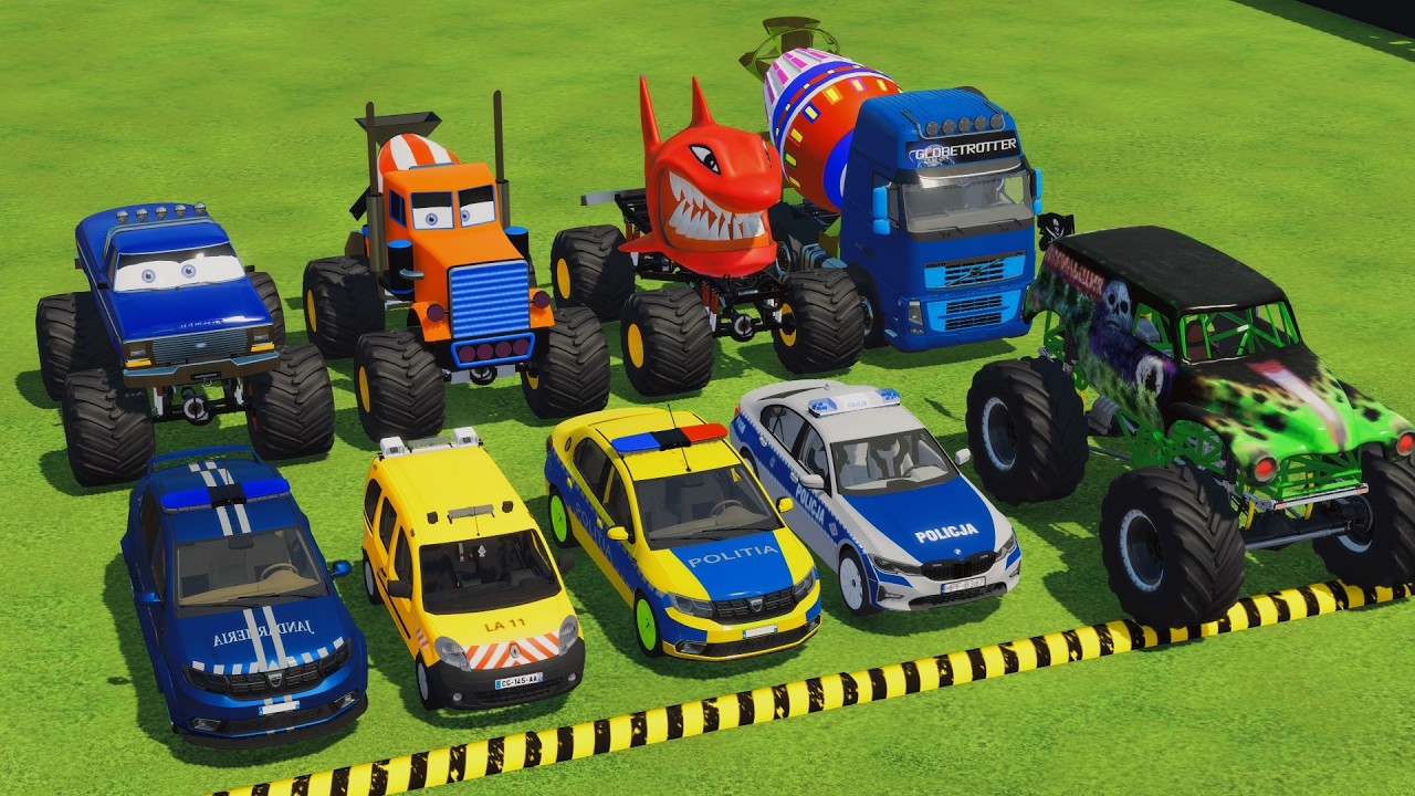 TRANSPORTING POLICE CARS, MONSTER TRUCK, FIRE TRUCK, COLORFUL CARS WITH TRAIN - FS22 #234