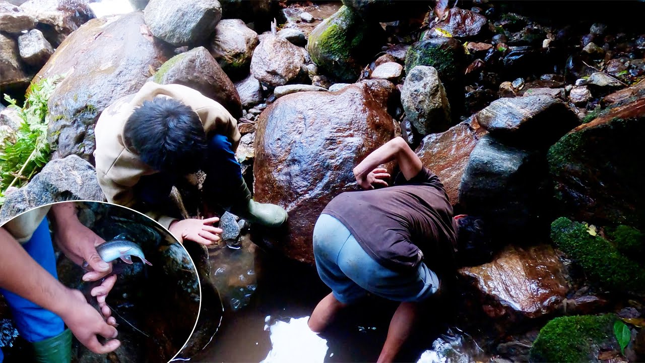 Adhiraj fishing with friends in small river