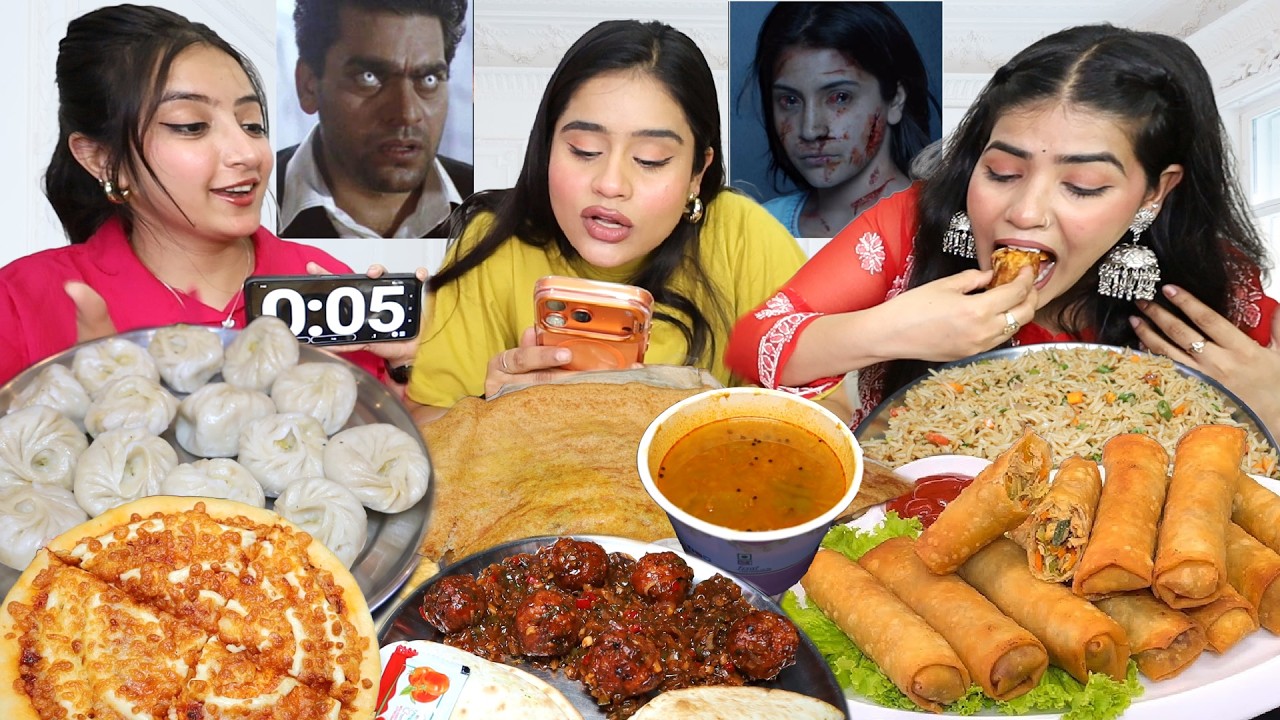 Guess the Horror👹 Movies Food Eating Challenge | Momos, Pizza, Manchurian🔥, Fried Rice, Spring Rolls