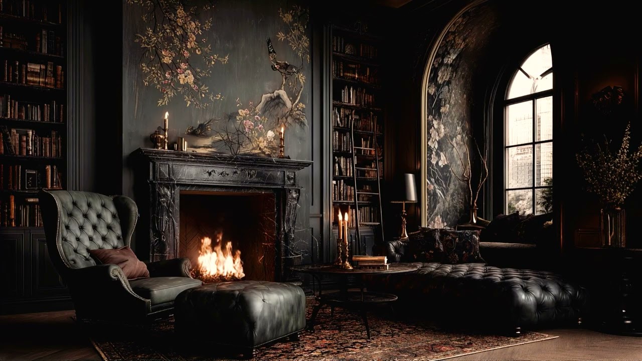 Dark Academia Library 🕯️ Crackling Fireplace &  Night Ambience