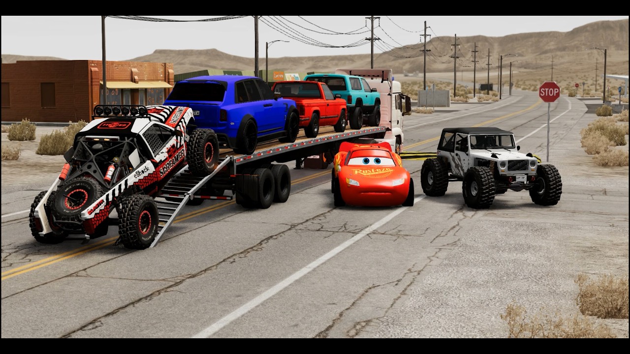 Flatbed Truck Mcqueen | Transportation with Truck - Pothole vs Car #45- BeamNG.Drive