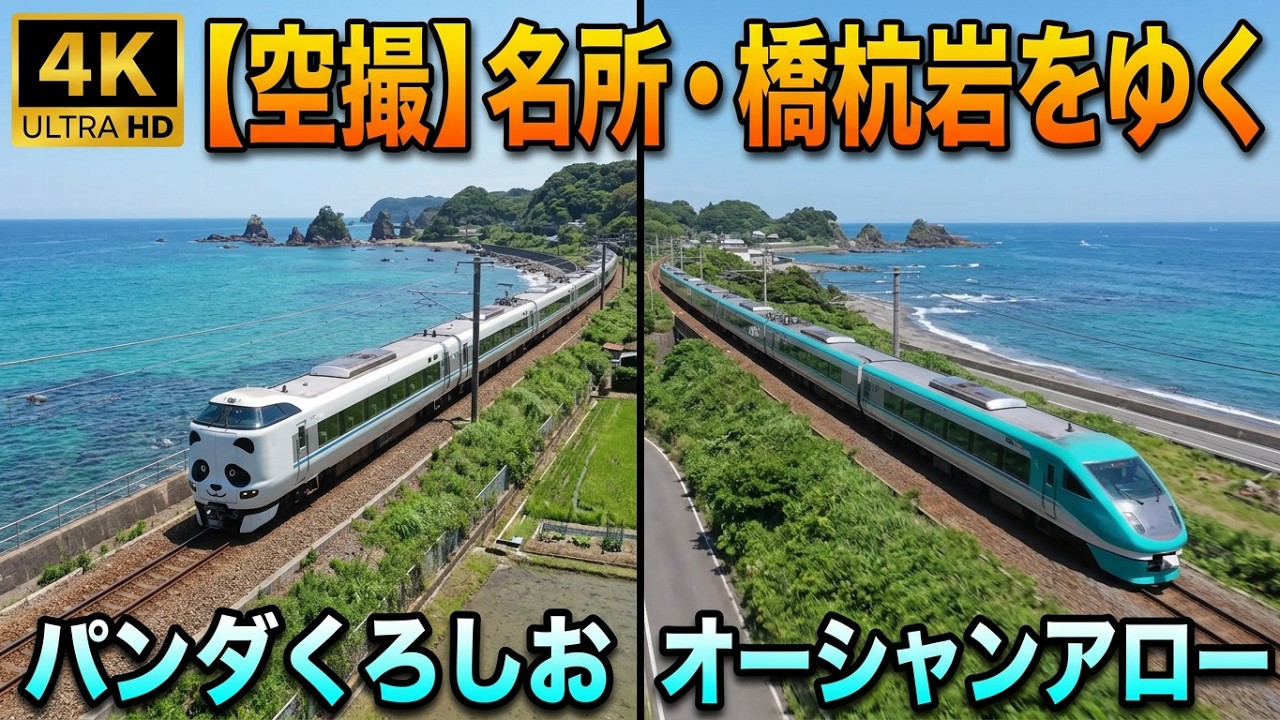【空撮】橋杭岩と特急くろしお号（パンダくろしお号／オーシャンアロー号）4K ULTRA HD