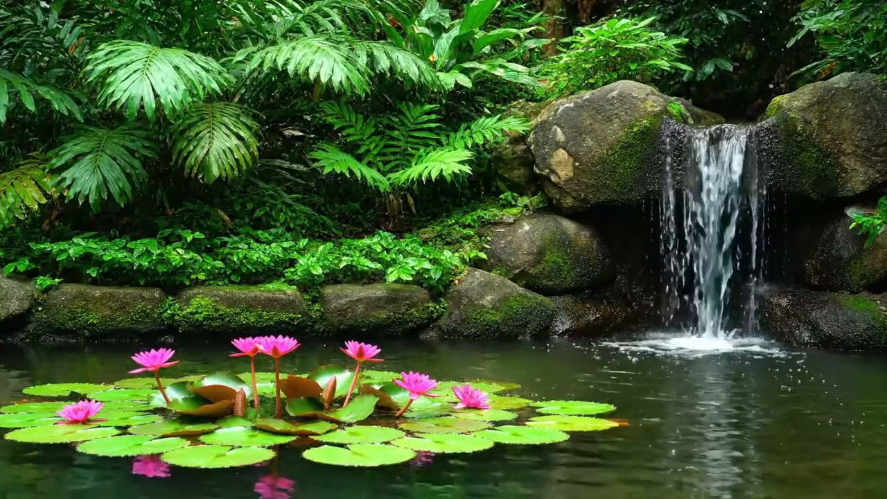 Relaxing music in front of a tropical fountain – listen to the piano