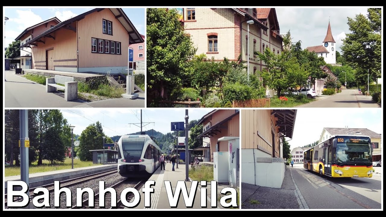 Postauto und Zug beim kleinen Bahnhof Wila, Kanton Zürich, Schweiz 2022