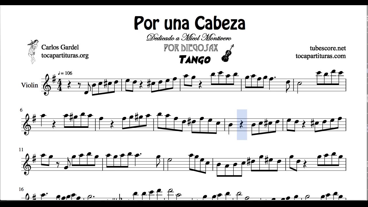 Por una Cabeza de Carlos Gardel Partitura de Violín Arreglo en Partitura