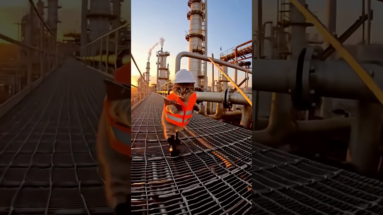 Cat Operator Doing a Refinery Inspection 😭 #aivideo #comedy #cats #worklife #oilrefinery #funny