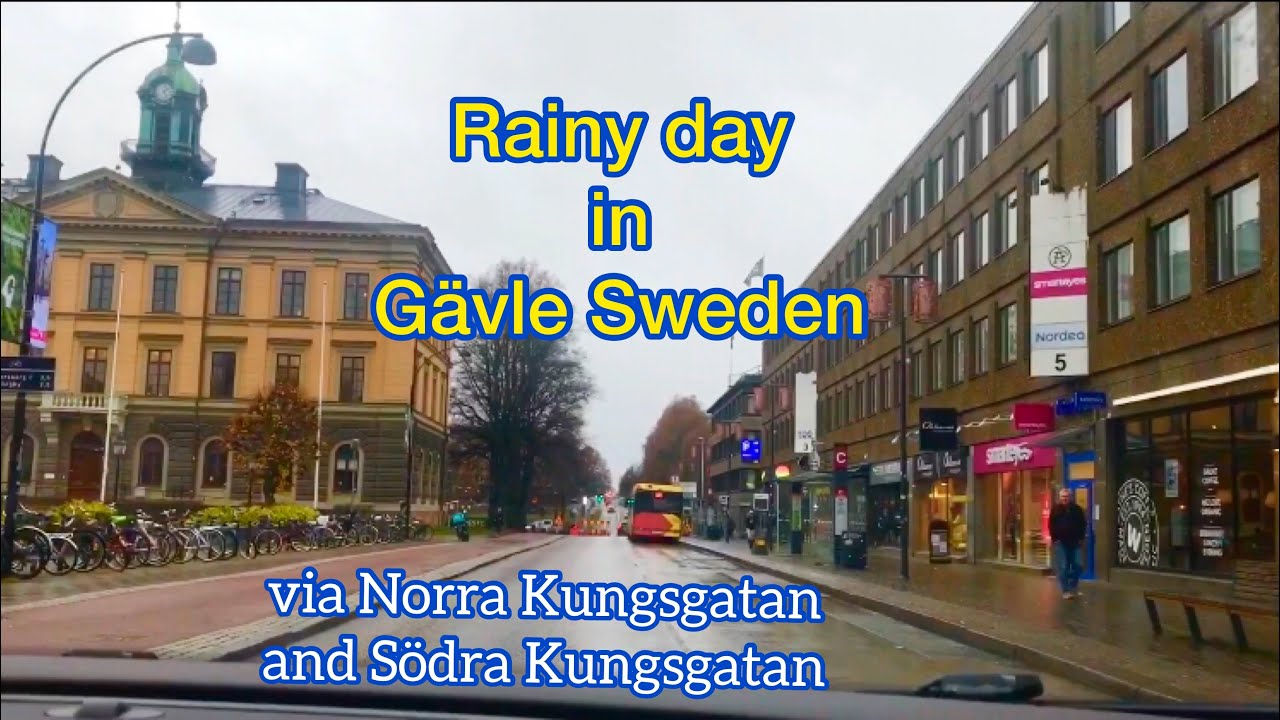 Driving around Gävle, Sweden in a gloomy and rainy day