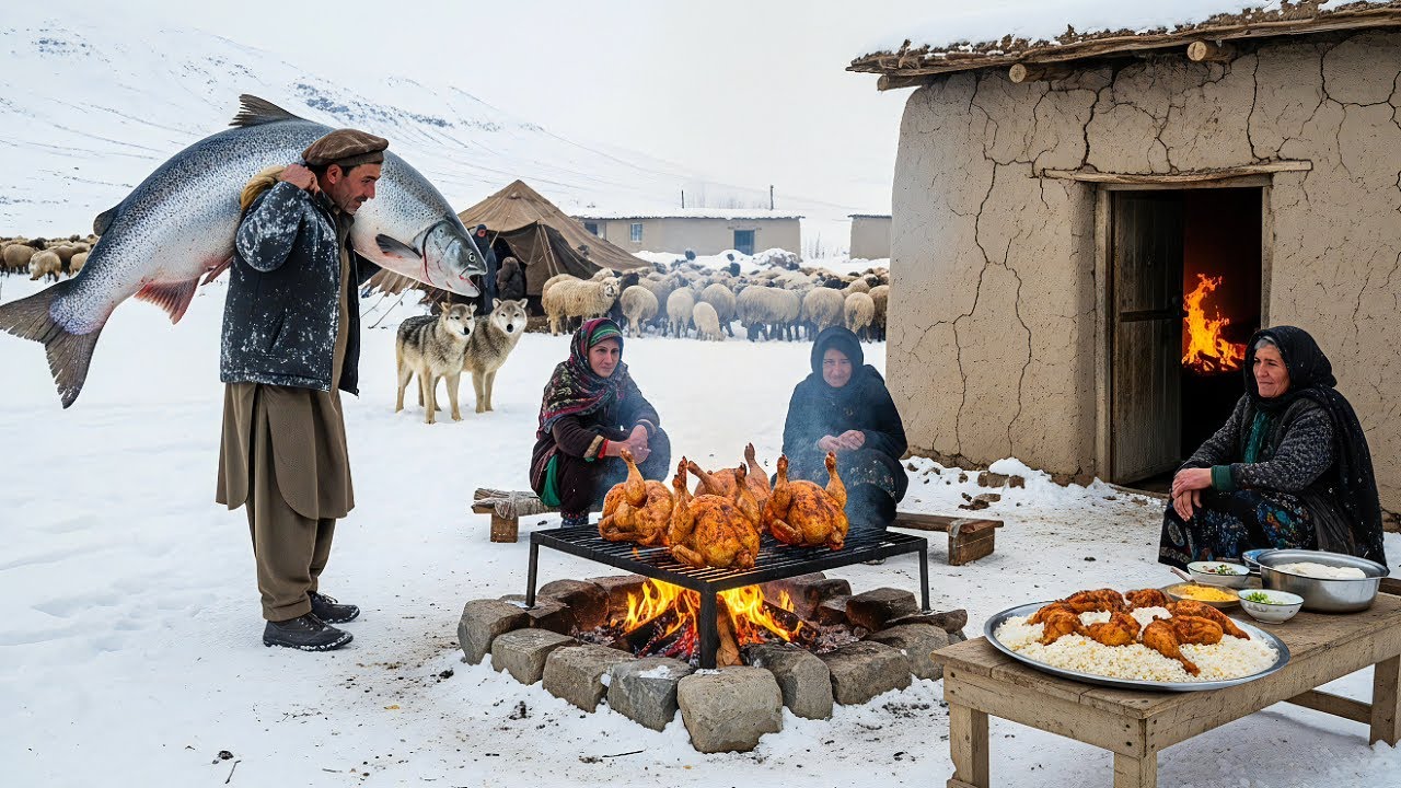 Afghanistan Winter Hunt | Giant Grilled Salmon on Fire + Fresh Bread to Stay Alive