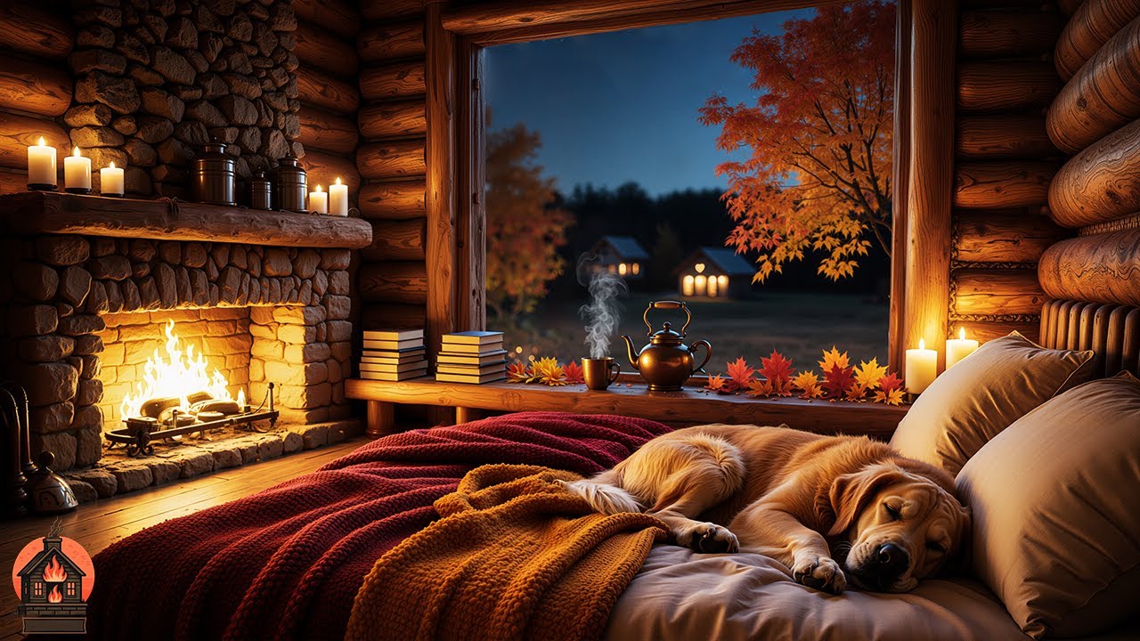 🍂🌩 Autumn Rainstorm with Crackling Fireplace in a Cozy Cabin with Large Windows