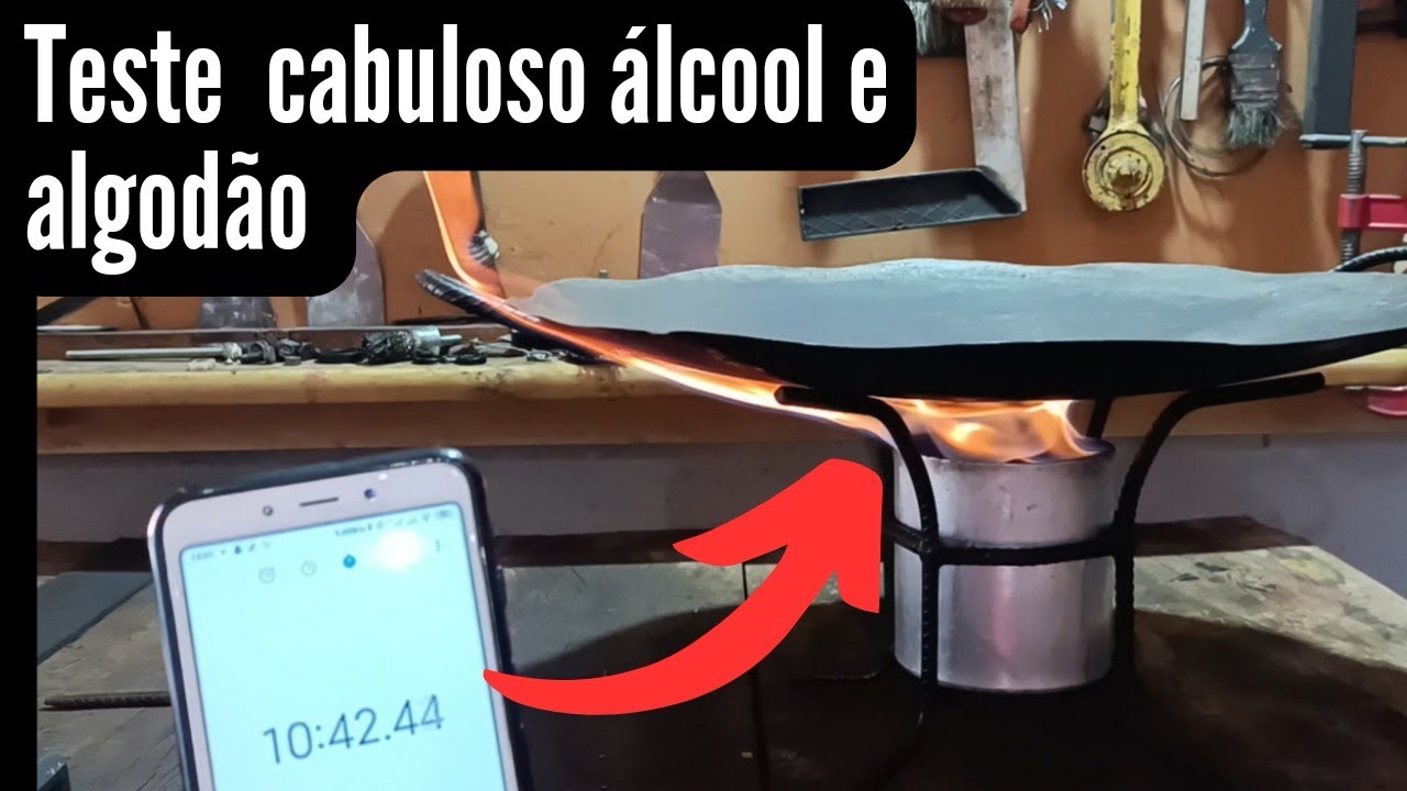 churrasqueira de disco de arado, teste de queima com álcool e algodão