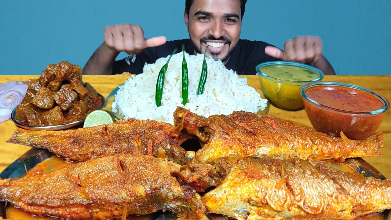 EATING SPICY WHOLE FISH CURRY WITH RICE, SPICY MUTTON LIVER CURRY & DAL MUKBANG