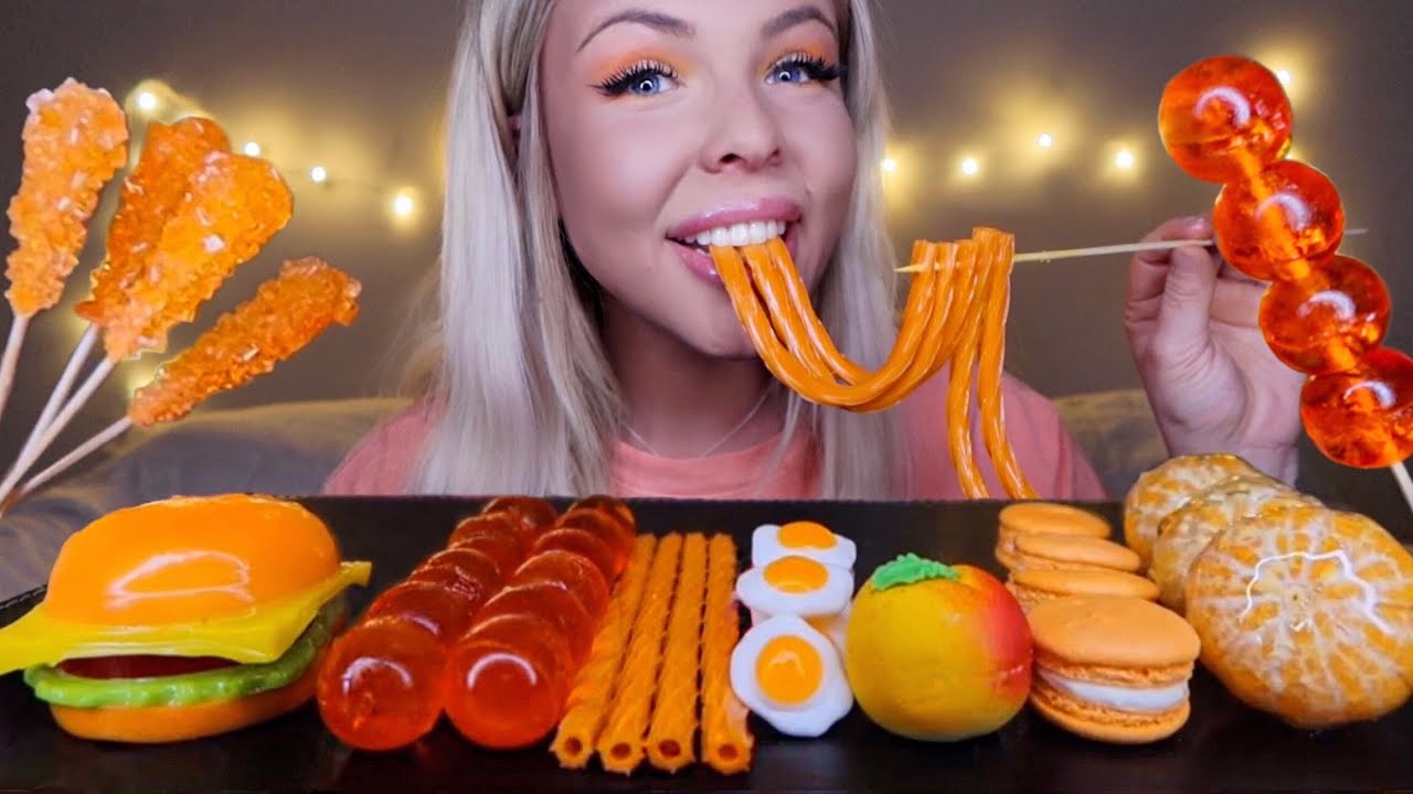 MOST POPULAR FOOD FOR ASMR, ORANGE STRAW JELLY, TANGHULU ORANGE, HAMBURGER GUMMY MUKBANG 먹방